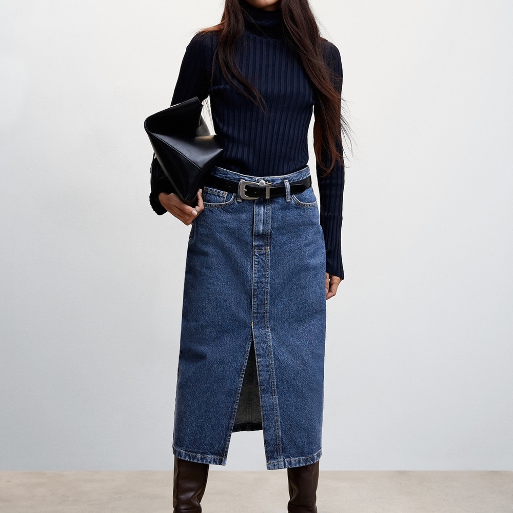 BNWT MANGO Blue Denim Midi Skirt - Size Large